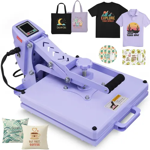 AKEYDIY Purple Slide-Out Heat Press Machine - 15x15 in Flip Cover Design, LCD Display, PTFE Coating, Digital Control, Adjustable Pressure, Beginner-Friendly for Heat Pressing Custom Craft T-Shirts, Canvas Bags