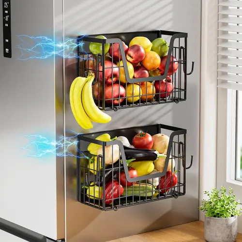 【Holiday Deals】San Dream Magnetic Shelf for Fridge Spice Rack Organizer Strong Magnetic Fruit Basket for Refrigerator Laundry Organizer Spice Snacks Magnet Fridge Shelf-1PC&2PCS