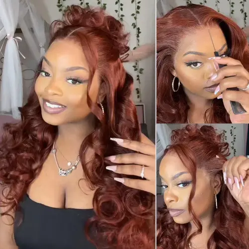 Sunber 7x5 Pre-Cut Lace Front Real Virgin Hair Wig - Reddish Brown Highlights, Body Wave, Glueless, Invisible Knots, Pre-Plucked Babyhair, 150% Density, Put-On-and-Go, Female Natural Look Wig (Dealsforyoudays Memorial Day)