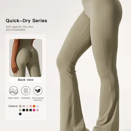 Women's Solid High-Waisted Flared-Leg Tummy Control Sports Leggings, Yoga Athletic Bottoms, Breathable Wide Waistband Pants for Workout & Running, Elastic Waist Leggings
