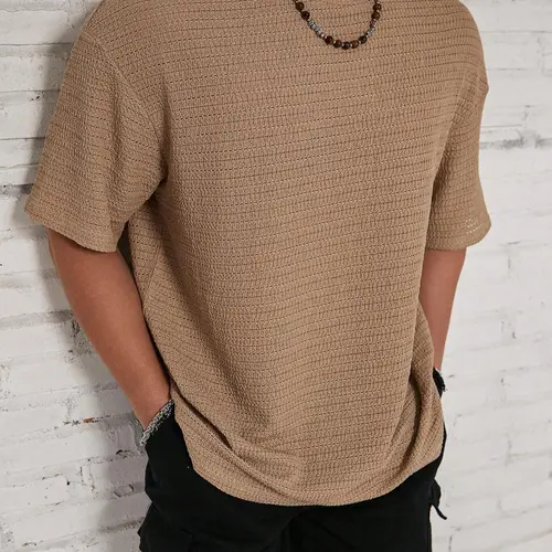 Men's Solid Color Plain Hollow Out Drop Shoulder Tee, Regular Fit Casual Comfy Fit Short Sleeve Round Neck T-Shirt for Summer, Casual Fashion Minimalist, Men's Knitting Top for Daily Wear, Casual Streetwear Top, Casual Summer Clothing, Menswear