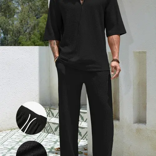 Men's Solid Textured Jacquard Collared Blouse & Drawstring Pocket Pants Set, Classic Casual Regular Fit Half Sleeve Top & Elastic Waist Trousers for Spring & Summer, Men's Clothes Menswear