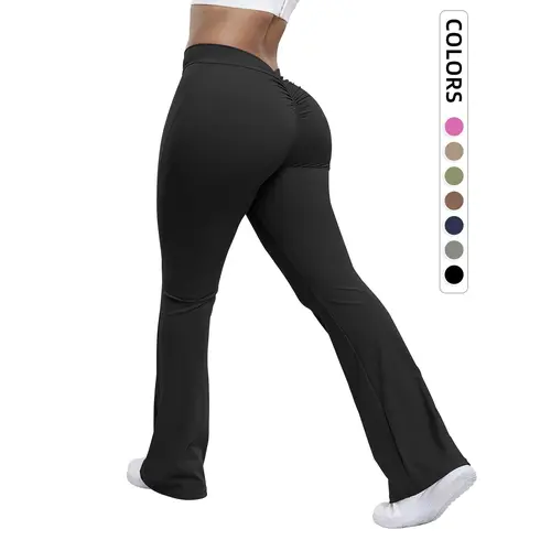 Women's Solid Ruched High Waist Sports Tummy Control Leggings, Stretchy Sports Leggings, Breathable Flare Leg Trousers for Yoga Gym Workout Running, Ladies Sportswear, Activewear Pants, Gym Yoga Clothing
