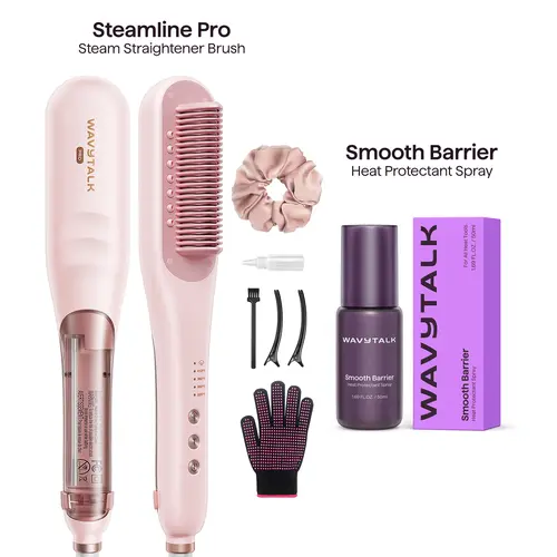 Wavytalk Steamline Pro Steam Hair Straightener Brush & Heat Protectant Spray Set, Salon-Grade Hair Tools for Straight Hairstyles & Frizz Control, Thermal Brush Straightener, Heated Straightening Brush