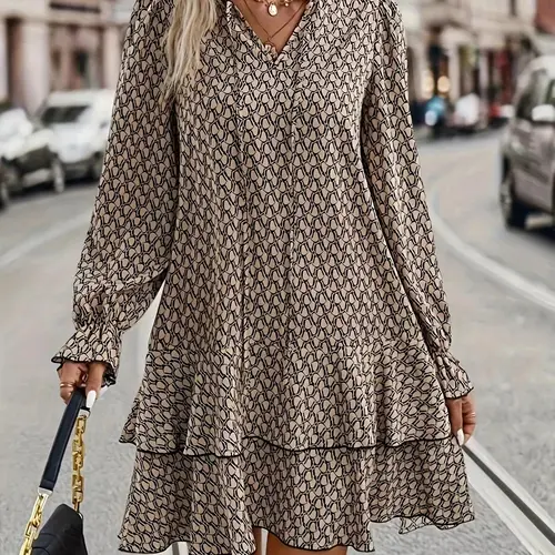 Plus Size All Over Print Frill Trim Tie Neck Ruffle Hem Dress, Boho Bohemian Style Casual, Plus Casual Flounce Sleeve Tiered Layer Hem Short Dress for Spring Fall, Women's Plus Long Sleeve Clothing for Daily Wear, Vintage Girly Clothes, Moo Moo Dresses