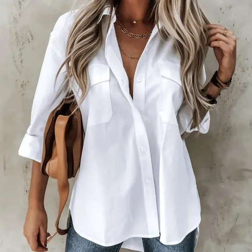 Plus Size Plain Button Front Neckline Collared Shirt with Pockets and High Low Hem, Casual Fitted Drop-Shoulder Roll-Up Sleeve Shirt for Summer, Women's Clothes for Everyday Wear, Top, Blouse, Womenswear