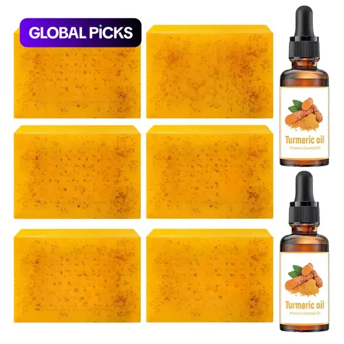 Lemon Turmeric & Kojic Acid Brightening Cleansing Soap Turmeric Bar Soap & Turmeric Essential Oil with Soap Saver Bags, Moisturizing Skincare Set for Women & Men, Face & Body Wash #GLOBAL PICKS