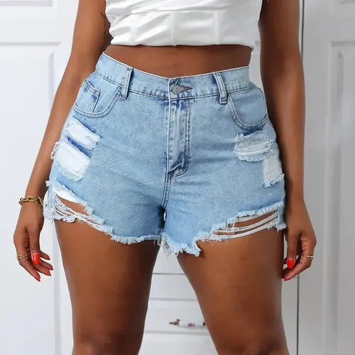 Plus Size Ripped High Waist Fitted Lightweight Denim Shorts, Fashion Casual Style Pocket Button Shorts for Daily Outdoor Wear, Women Jeans Shorts for Summer