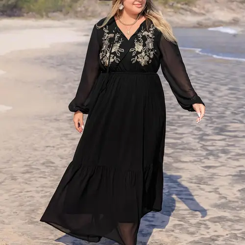 Plus Size Floral Embroidery Contrast Mesh Tie Neck A Line Casual Fashion Loose Dress, Casual Chic Dress, Boho Bohemian Bishop Sleeve Long Sleeve Dress for Beach Holiday Vacation, Women's Clothes for All Seasons, Boho Style Woven