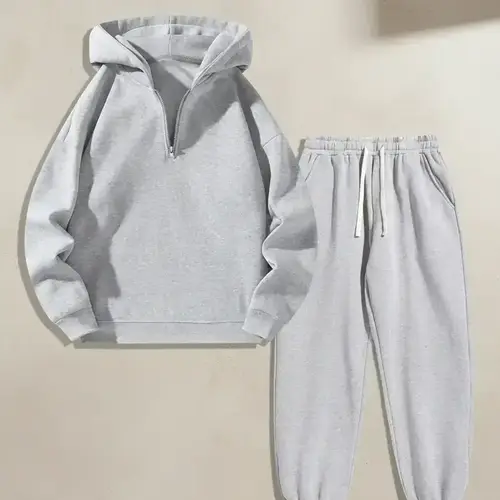 Men's Solid Zipper Two-piece Set, Casual Long Sleeve Hoodie & Drawstring Pocket Sweatpants for Fall Winter, Fashion Cozy Men's Outfits for Daily Wear