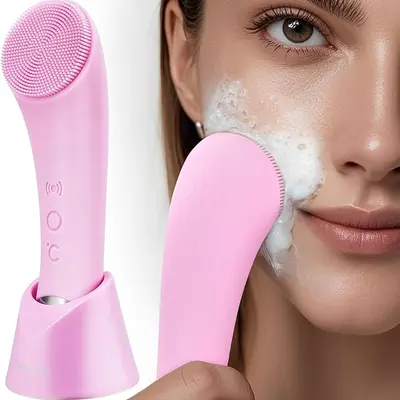 Facial Cleansing Brush, PRITECH Heatable Vibrating Face Scrubber with Massage, Silicone Face Scrubber for Women & Men, Electric Facial Cleanser for Deep Cleansing, Gentle Exfoliating (Pink)   SummerWins  DealsForYouDays