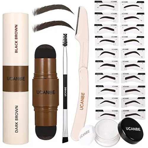#SohoChic UCANBE 25PCS Eyebrow Stamp Stencil Kit, featuring a Dual-Color Eyebrow Stamp Pomade, 20 Reusable Stencils, Finishing Powder, Brush, Eyebrow Razor, all housed in a Waterproof Zipper Pouch., Eyebrows, Sensitive, Brow Maintenance