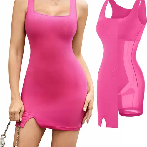 Popilush Mini Cocktail Dresses for Women Built in Shapewear Bra 8 in 1 Square Neck Slit Summer Party Fit Womenswear