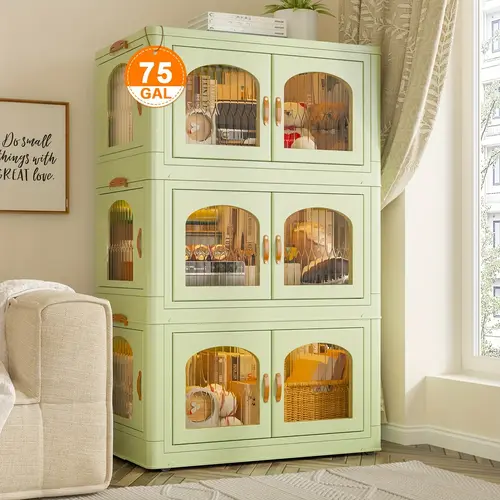 【Clearance】RaybeeFurniture 3 Tier Large Plastic Storage Bins with A Lid, Stackable Storage Containers with Wheels, Foldable Storage Boxes, Collapsible Storage Organizer for Living Room,Office,Dorm,Kitchen