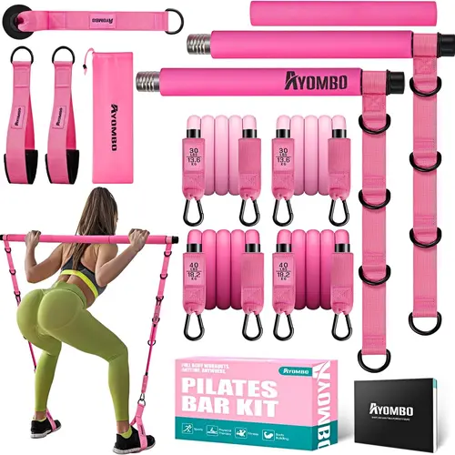 HPYGN Stainless Steel 3-Section Adjustable Pilates Bar Kit with Fitness Bands, Elasticity Bands, Home Gym Equipment for Leg, Hip, Waist, Arm Workouts, Squats, Ideal for Women & Men, Great Christmas Gifts