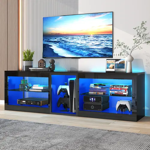 63in LED TV Stands for 65/70 inch TV, High Gloss Entertainment Center with 60,000-Colors LED Lights, 6.5ft Power Outlet , Modern TV Cabinet with Adjustable Glass Shelves for Living Room, Black