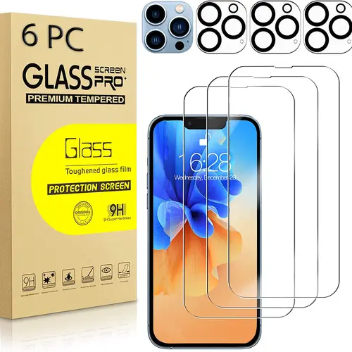 [3 + 3] 3 Pack Tempered Glasses Screen Protector and 3 Pack Camera Lens Protector For Apple iPhone 17 Air 16 16e 15 14 Plus 13 Mini 12 11 Pro Max Bubble Free, Case Friendly, Anti-Scratch, 9H Hardness, Accessories, Smartphone