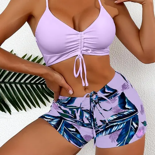 2 Piece Set Women's Drawstring Ruched Bikini Set, Bikini Set With Shorts, Adjustable Strap Swim Top & Tropical Leaf Print Swim Shorts, Summer Beach Bikini, High Stretch