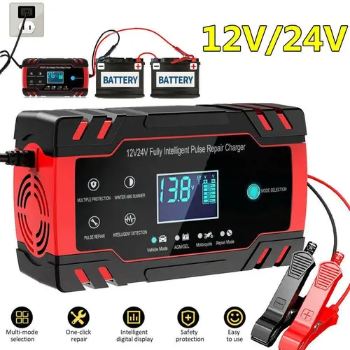 【BackToSchool】10-Amp 12V-24V Fully-Automatic Smart Car Battery Charger, Maintainer, Trickle Charger & Desulfator with Temperature Compensation for Vehicle, Trucks, Lawn Mowers, Boats Batteries Repair Tool