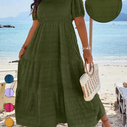 Plus Size Textured Woven Ruched Puff Sleeve Square Neck A-Line Dress, Comfortable Fit Breathable Soft Boho Casual Short Sleeve Dress for Summer, Beach Resort Wear, Women's Clothes for Daily Wear