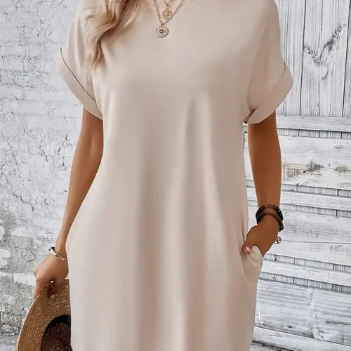 Women's Plain Minimalist Pocket Batwing Sleeve Tee Dress, Casual Round Neck Roll Up Sleeve Short Dress for Summer, Fashion Women's Dress Loose Fit Womenswear