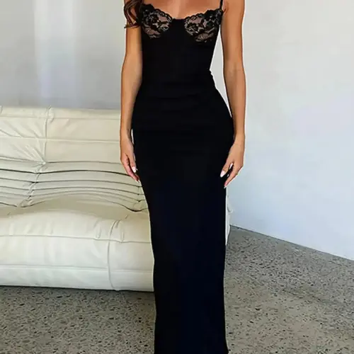 Women's Plain Contrast Lace Split Thigh Spaghetti Straps Cami Dress, Elegant Sweetheart Neck Sleeveless Maxi Dress for Party Club Dating Wear, Club Dresses, Formal Wear Ladies Summer Clothes Womenswear Elegance High Slit Dress