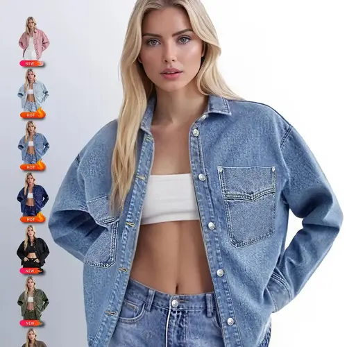 Long Sleeve Jean Denim Jacket for Women,Drop Shoulder Curved Hem Denim, Classic Button Down Denim Jacket with Chest Pockets, Fashion Women's Clothing for Daily Wear, Vintage Western Trucker Jacket