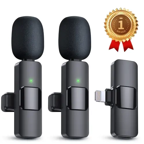 2-Pack Compact Omnidirectional Condenser Lapel Mics - Clip-On Cordless Lavalier Audio Mics, Battery-Powered Rechargeable, Cover iPhone, iPad, Smartphone Use for Filming, Interviews