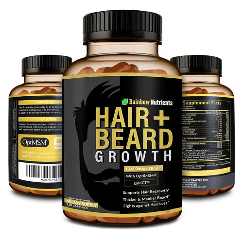 Rainbow Nutrients Men's Hair + Beard Growth Supplement | Biotin 10,000mcg, Collagen, OptiMSM, goMCT, Saw Palmetto | Supports Thicker, Fuller Hair & Beard | 60-Day Supply Anti-Hair Loss supplement All Natural Ingredients
