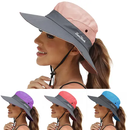 Women Ponytail Sun Hat UV Protection Wide Brim Safari Fishing Cap Bucket Hat Boonie Beach Outdoor Travel Cap