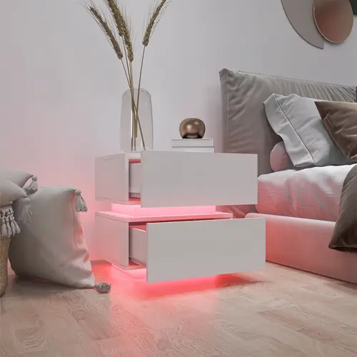 Spaco LED 2-Drawer Smart Night Stand Sets - Modern White High-Gloss RGB-Lit Sleek Minimalist Bedroom Bedside Tables, Furniture for Room Decor, Living Room Decor, Bedroom Items,dorm essentials,home decor