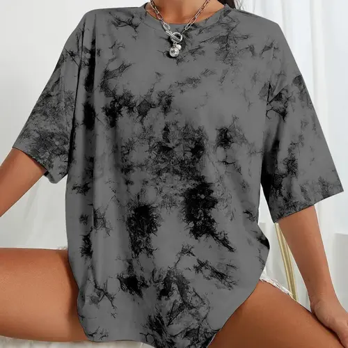 Women's Tie Dye Print Drop Shoulder T-Shirt, Casual Street Fashion Round Neck Tee for Summer, Everyday Wear