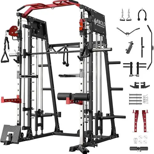 [4 packages shipping] Smith Machine, 2200lbs Squat Rack with LAT-Pull Down System & Cable Crossover Machine, Training Equipment with Leg Hold-Down Attachment Workout Station Workout Station Arm Strength Trainer