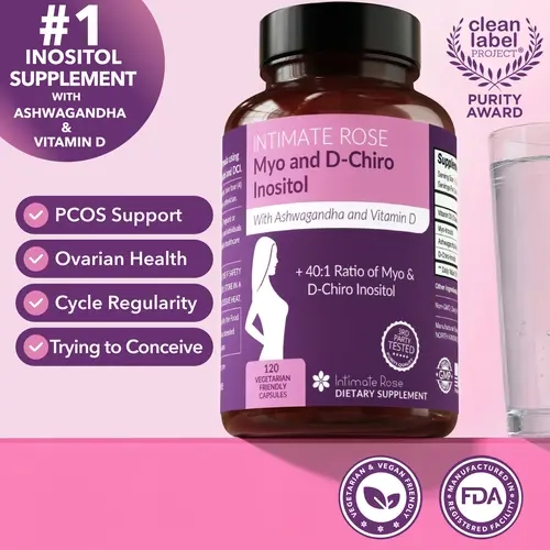 Inositol Supplement 40:1 Myo-Inositol & D-Chiro-Inositol by Intimate Rose, 120 Capsules 30 Day Supply – Cycle & Hormone Support, PCOS Fertility PMS – Pelvic Health Specialist Reviewed, Third-Party Tested, GMP Certified, Made in USA, Vegan Non-GMO, Sugar F