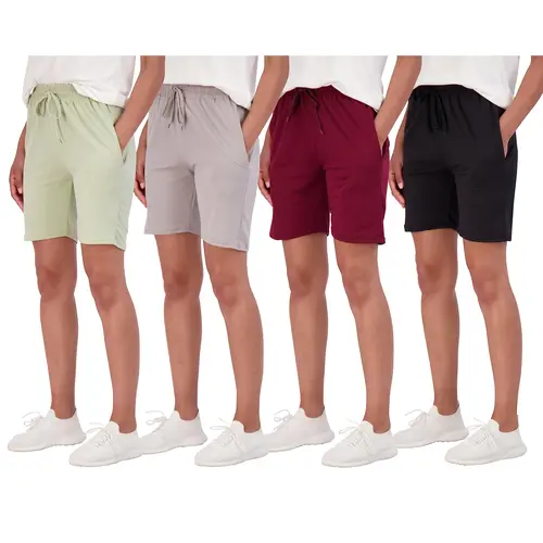 Real Essentials 4 Pack: Women's 7" Bermuda Long Casual Yoga Super-Soft Loose Comfy  Shorts with Pockets (Available in Plus)