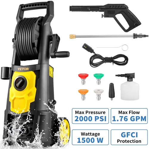 【toolupgrade】VEVOR Electric Pressure Washer, Heavy Duty Cleaning Work Tool w/ Max 2000 PSI 1.76 GPM, 20 ft Hose, 5 Quick Connect Nozzles, Plastic Body, Portable Tools and Gadgets Lawn Equipment, ETL Listed, Cleans Patios, Cars, Fences