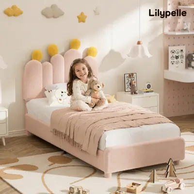 【SummerWins】Lilypelle Twin/Full Boucle Bed Frame with Headboard – Cactus Upholstered Platform Bed for Kids, Rounded Corners, Solid Wood Slats, No Box Spring Needed