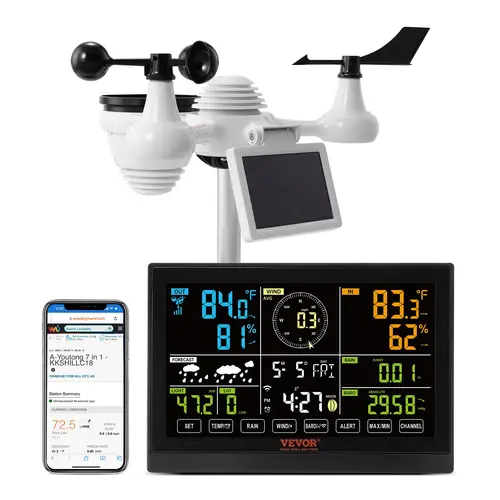 【toolupgrade】VEVOR 7-in-1 Wireless Wi-Fi Weather Station with 7.5in Digital Color Display, Solar-Powered Thermometer, Solar Panel, IPX6 Waterproof Outdoor Sensor, Alarm Alerts, Aluminum Bracket (Temp, Humidity, Wind, Rain Tracking, Indoor Home Use, Vario
