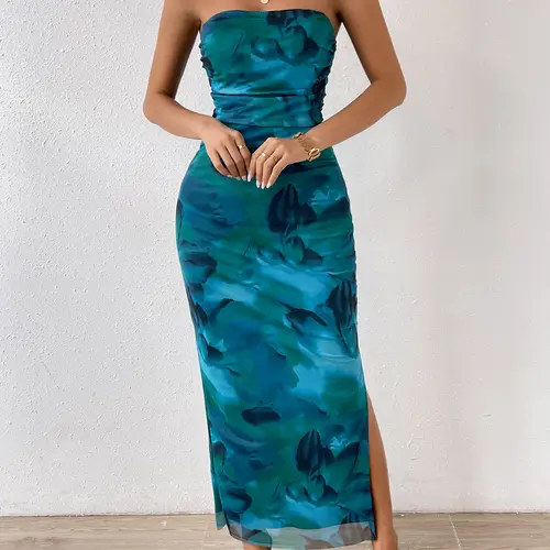 Spring Mesh Floral Strapless Bodycon Maxi Dress Ruched Tube Long Dresses with Slit