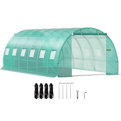 VEVOR 20×10×7 ft Green Metal Walk-in Tunnel Greenhouse Kit, Outdoor Portable Garden Hot House for Walkin Plant Care, with Galvanized Steel Hoops, Top Beams, Diagonal Poles, Zippered Roll-up Doors, Mesh Windows, Tools for Assembly, All-Year-Use Garden Gift