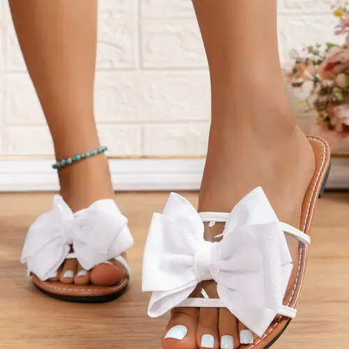 Women's Fashion Bow Decorated Slip on Sandals, Casual Summer Sandals for Beach Vacation, Boho Style Flat Pu Leather Sandals for Daily Wear, Bohemian Sandals, Boho Shoes, Casual Summer Footwear