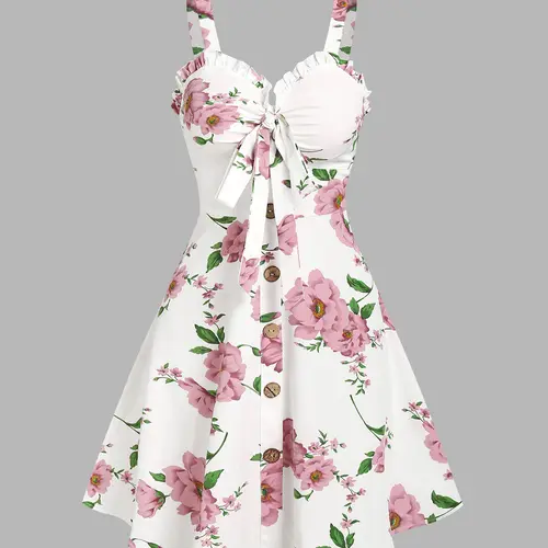 Women's 2026 Summer Dresses Sleeveless Floral Print Vacation Sundress Garden Party Dress Summer Ruffled Bowknot Mini Dress Valentine's Day Gift