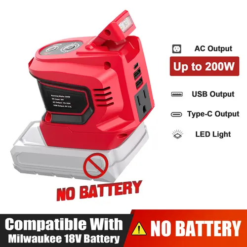 200W Power Inverter for Milwaukee 18V Battery, Battery NOT Included, DC 18V to AC 110V~120V Battery Inverter, Portable Power Station Generator with 2 USB Ports & 1 Type-C & 1 AC Outlet