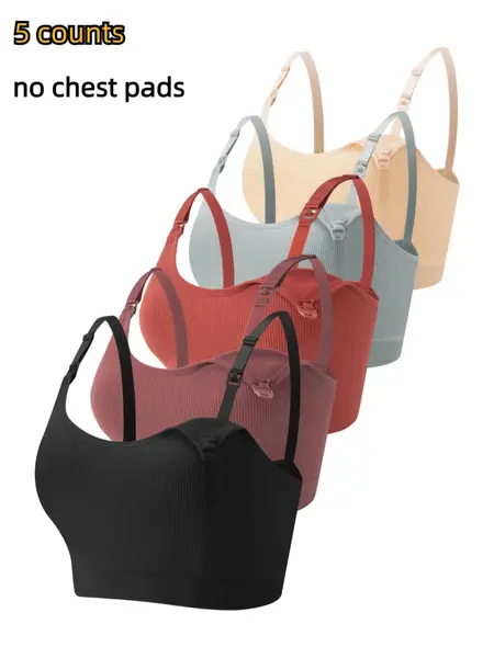 Solid Ribbed Adjustable Strap Wireless Bra, Casual Comfort Maternity Lingerie Bra for Women, Maternity Lingeries for All Seasons
