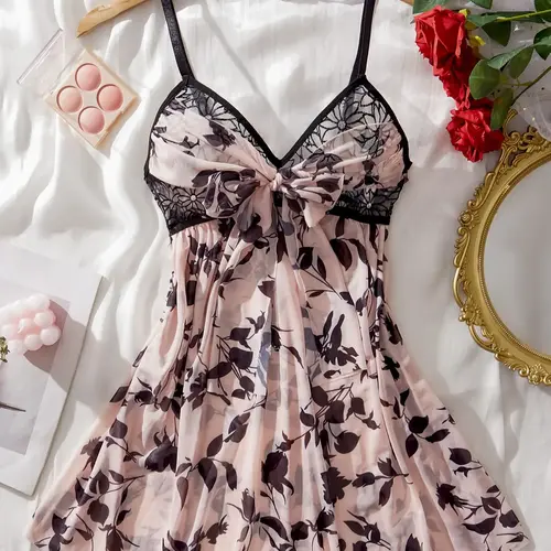 Women's Floral Print Contrast Binding Bow Decor Contrast Lace Sheer Mesh Sleeveless Cami Nightdress, Ruched Backless Adjustable Spaghetti Strap Lace Trim Nightgown, Soft Comfortable Nightdress, Nightgown Sleepwear