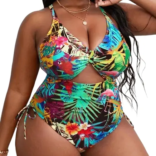 Plus Size Women's Tropical Print Criss Cross Cut Out One-piece Swimsuit, Boho Drawstring Side Sleeveless High Stretch Swimwear, Beach Fashionable Swimsuit for Beach Holiday Vacation, Swimsuit for Summer