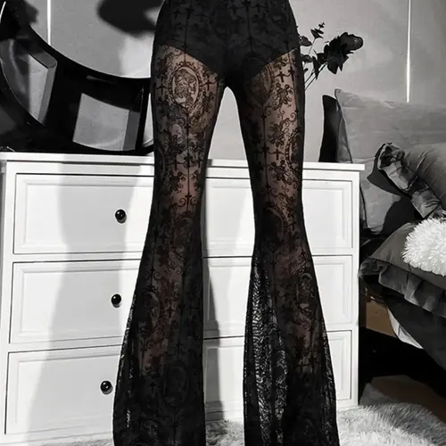 Women's Plain Floral Lace Fabric Sheer Flare Leg Pants, Casual Elegant High Waist Bell Bottom Trousers for Dating Party, Ladies Fit for All Seasons, Flared, Garment, Womenswear, Stretchy Pants