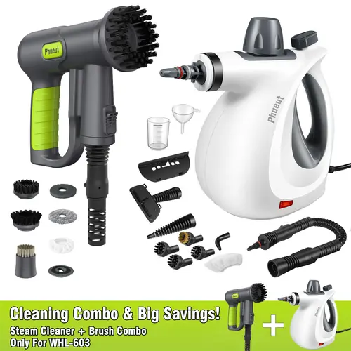 Phueut 10-in-1 Cordless Power Scrubber Cleaning Set WHL-603 - Powerful Cleaning Tool, Handheld Grill Brush, 2X Higher Efficiency, Steam Function, 2500mAh Long Runtime, 9 Brush Heads, Grout Deep Clean, Hard Floor Care
