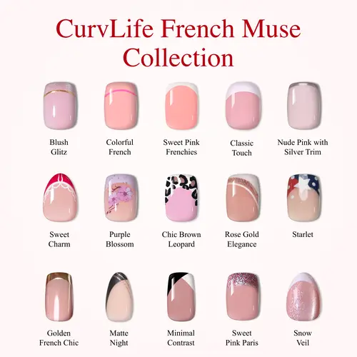 CurvLife French Muse Press On Nails Collection | 30Pcs | Pearl Gloss Finish | Easy Apply, Natural Fit | Daily & Business Nail Art