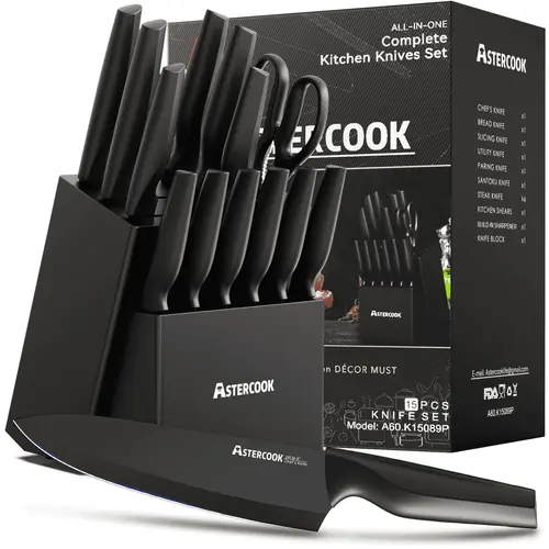 Astercook Knives Kitchen Set with Block, 6 Steak Knives, Kitchen Shears, Built-in Sharpener, Dishwasher Safe, Ergonomic Handles Reduce Hand Fatigue, Black Multicolor Cutting Tools for Home Use
